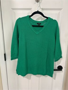 Talbots Emerald Green V-Neck Fringe Sleeve Sweater